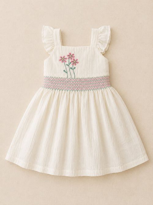 Elegant White Toddler Girl Dress with Floral Embroidery | Flutter Sleeve Summer Dress